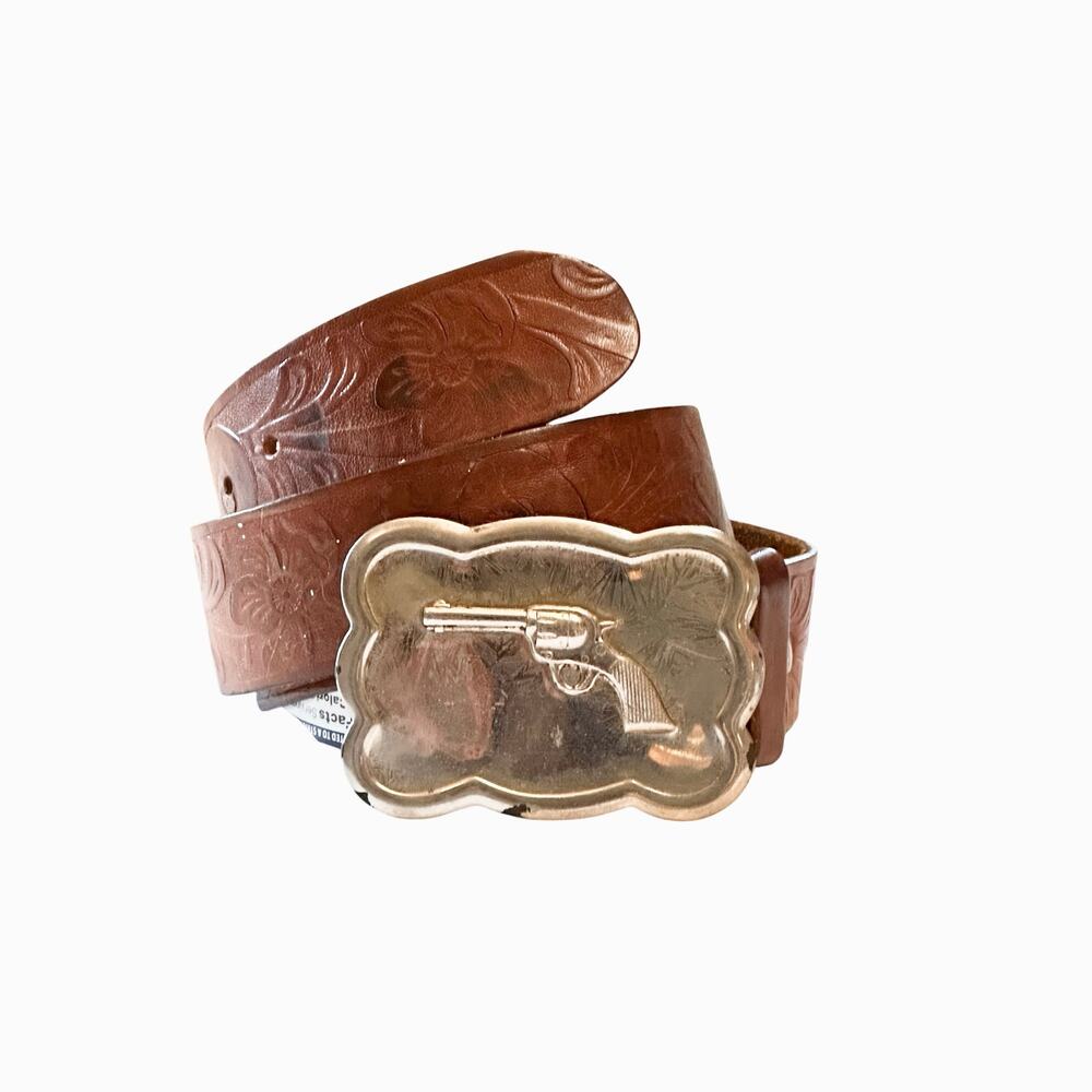 Vintage Tooled Leather Steerhide Belt Silvertone Revolver Buckle Sz 38 Western